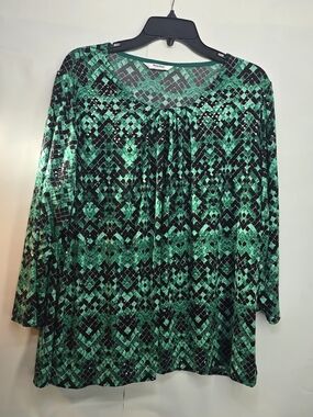 TanJay Green and Black Geometric Long Sleeve Blouse With Seqiuns